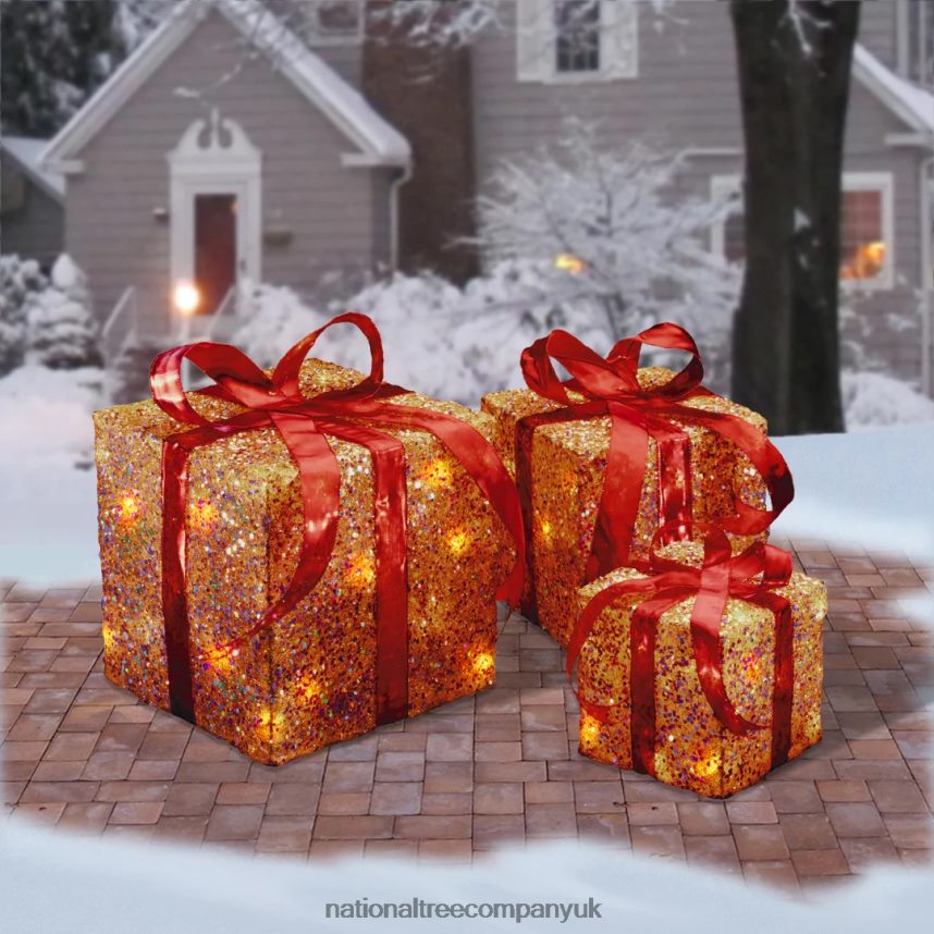 decoration | National Tree Company Pre-Lit Red and Gold Gift Boxes Set of Three White Lights Christmas Collection F2L4F603